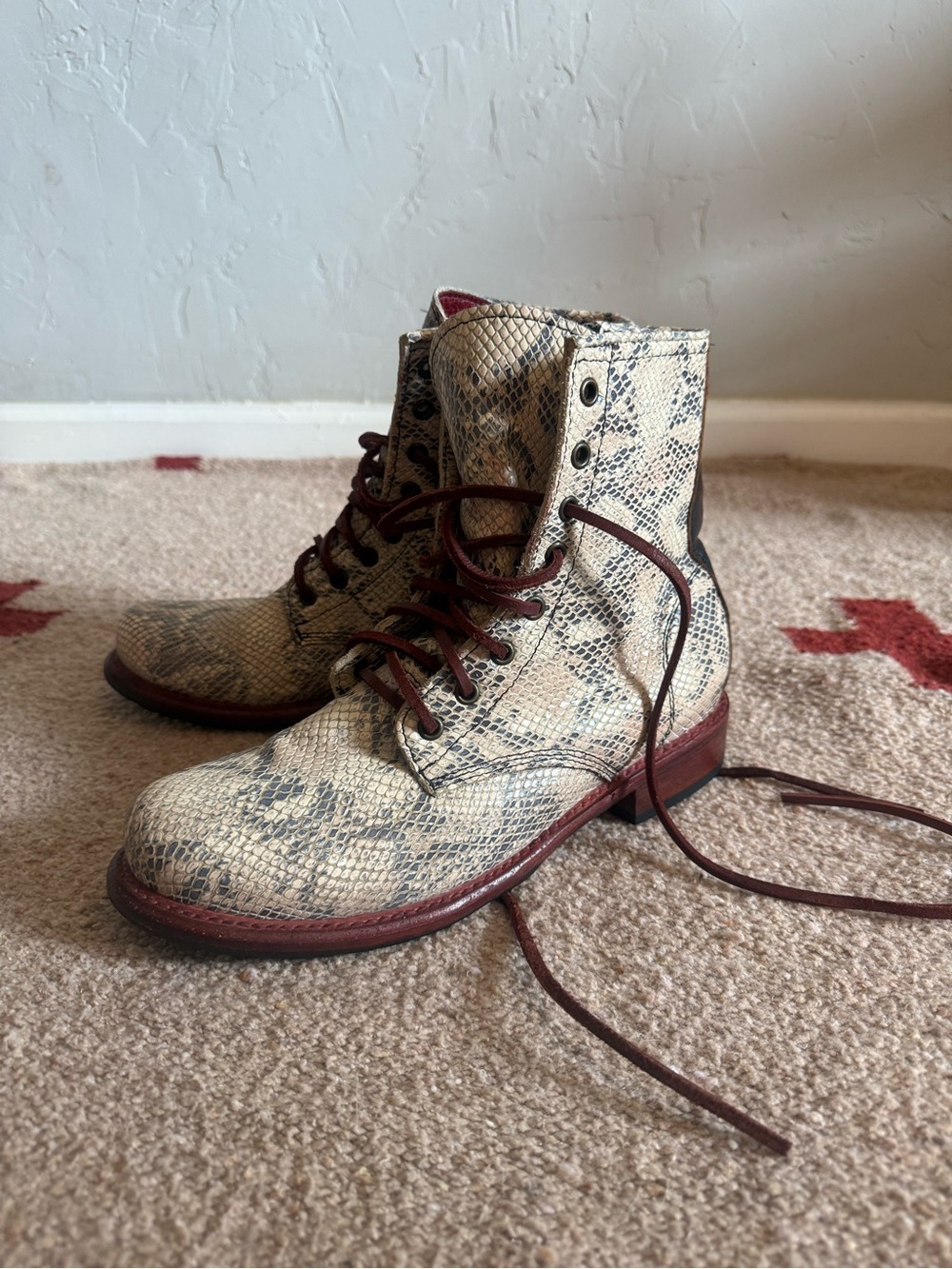 Freebird by Steven Snake-Print Lace-Up Ankle Boots in Cream and Burgundy - Picture 3 of 4